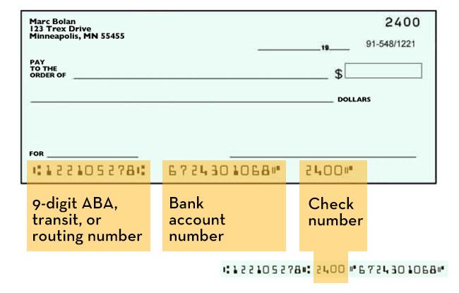Screenshot of a blank check. On the bottom left side of the check, the 9-digit routing number is highlighted, followed by the bank account number, then the 5-digit check number.