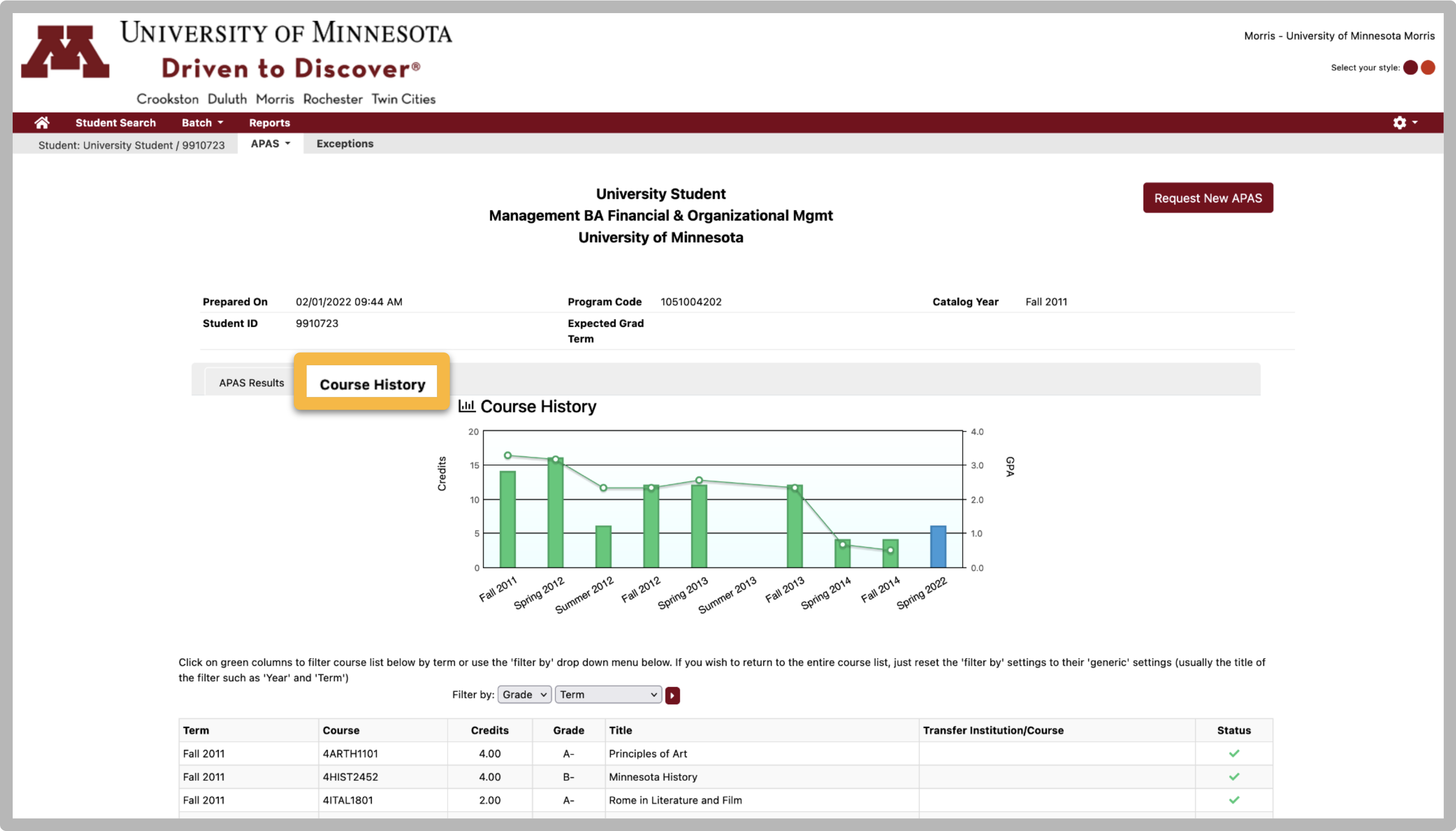 Screenshot of the APAS Course History tab page. The page shows an example of the Management BA Financial & Organizational Mgmt program. The Course History tab is highlighted, and the page shows a bar graph that displays credits and terms. A filterable table is below the graph. You can click on the graph or the table to filter by term, course, credits, grade, title, transfer institution/course, or status.